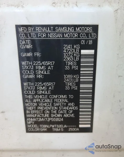 2018 Nissan Rogue S z USA, uszkodzony, nr VIN KNMAT2MV7JP551824